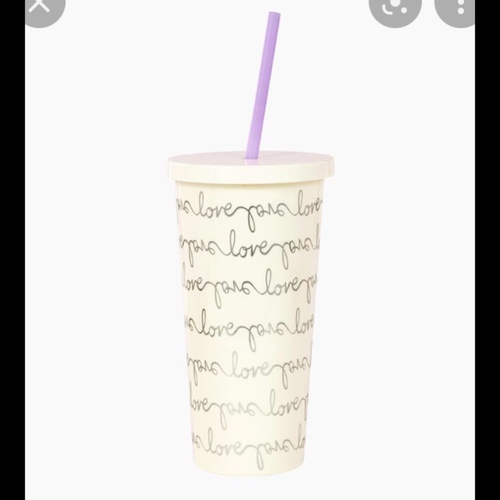 Kate spade travel Tumbler cup mug with Straw, love Script nwt